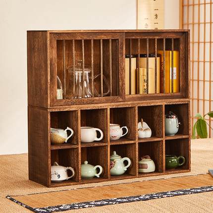 烧桐木防尘杯子收纳置物架实木茶具收纳架茶桌展示柜茶叶架博古架