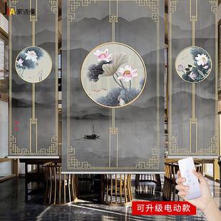 荷花卷帘窗帘卷拉式 新中式 全遮光风景升降阳台禅意复古屏风伸缩帘
