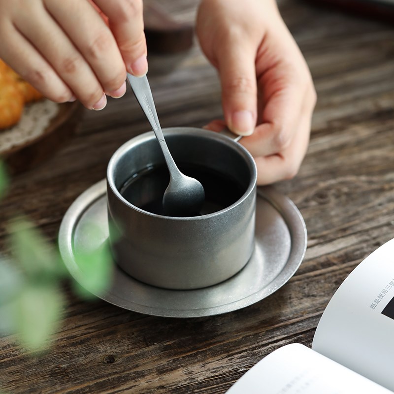 日式雪花砂复古304不锈钢双层小杯咖啡杯碟勺T套装家用哑光餐具