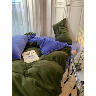 加厚珊瑚绒床上四件套双面橄榄绿牛奶绒法兰绒床单被套床品三 冬季