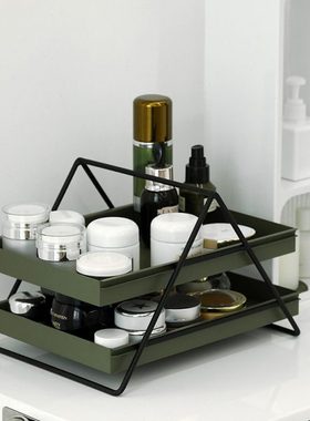 墨绿色双层文具架 桌面多功能架 抽屉推拉收纳盒 铁艺提篮收纳架