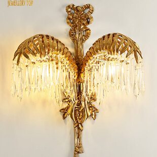 J&T 欧式全铜水晶壁灯法式客厅背景墙奢华卧室床头创意过道棕榈叶
