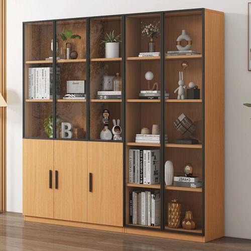 实木书柜带玻璃门展示柜轻奢高档儿童书架落地置物架一体整墙定制