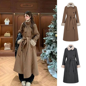 MosesQueen魔西女王毛领呢子大衣女冬季 系带翻领长款 毛呢外套上衣