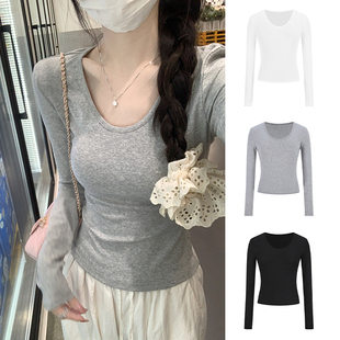 t恤上衣 正肩长袖 MosesQueen魔西女王灰色u领打底衫 女春秋内搭修身