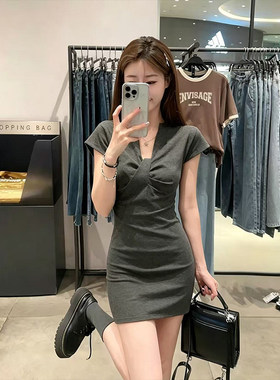 MosesQueen魔西女王灰色扭结v领短袖连衣裙夏季气质修身包臀短裙