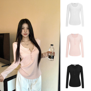 上衣 内搭打底衫 MosesQueen魔西女王粉色半开领长袖 t恤2026年新款