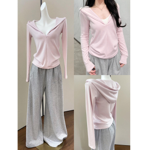 MosesQueen魔西女王粉色拉链连帽卫衣外套女春秋修身 上衣 显瘦长袖