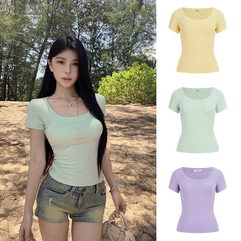 MosesQueen魔西女王大U领正肩短袖t恤夏季修身显瘦百搭基础款上衣