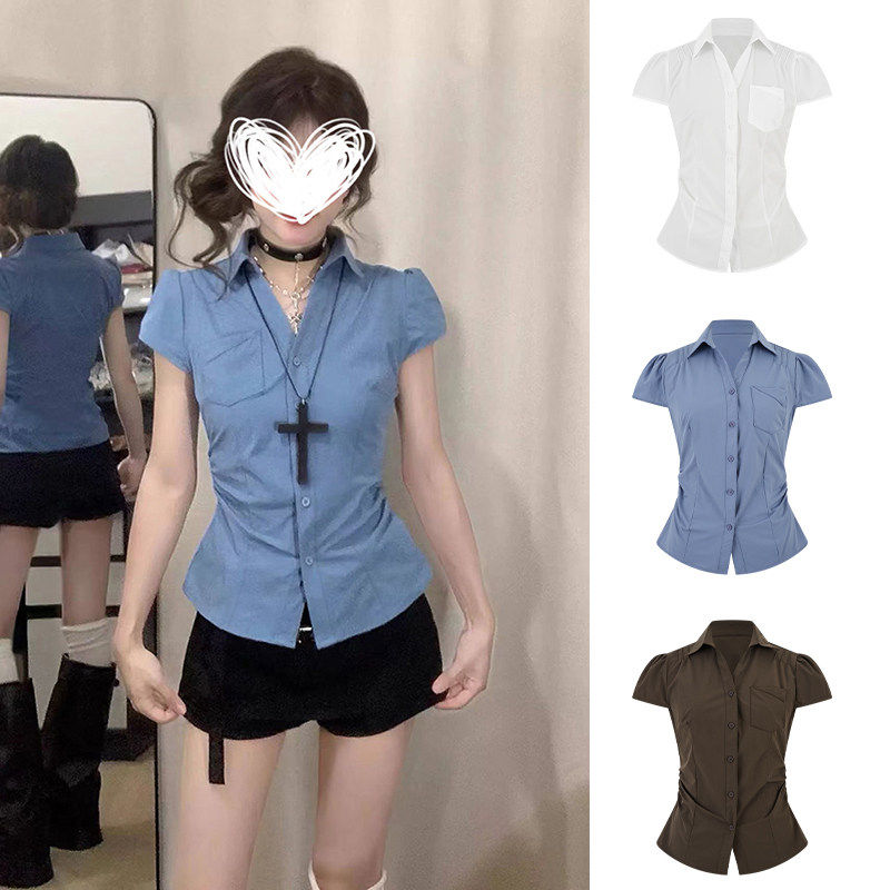 MosesQueen魔西女王蓝色短袖衬衫女气质衬衣设计感收腰polo领上衣
