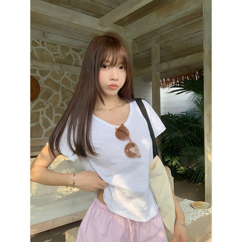 竹节棉v领短袖t恤纯棉上衣百搭女