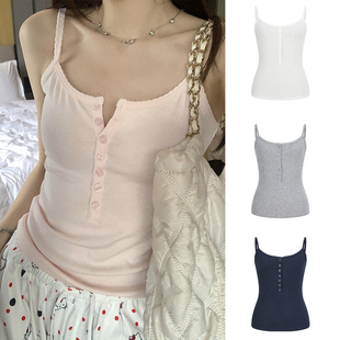 MosesQueen魔西女王粉色吊带背心外穿半开领无袖 内搭打底上衣 修身