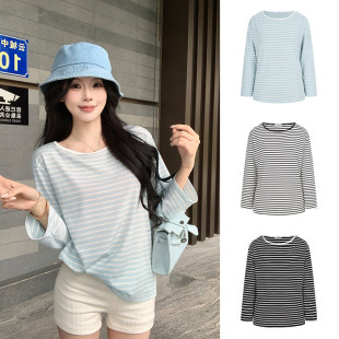 MosesQueen魔西女王蓝色条纹长袖 宽松显瘦圆领上衣 t恤女春秋新款