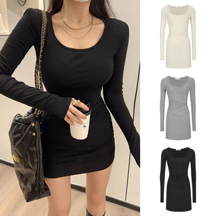 MosesQueen魔西女王黑色u领长袖 连衣裙女春秋收腰显瘦包臀短裙子