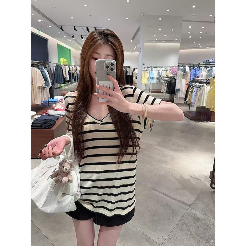 MosesQueen魔西女王莱赛尔条纹短袖t恤夏季宽松休闲慵懒风v领上衣