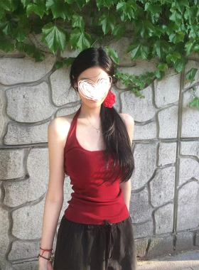 MosesQueen魔西女王红色挂脖针织吊带背心女外穿修身内搭无袖上衣