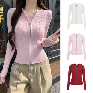 MosesQueen魔西女王粉色绞花针织开衫毛衣外套设计感修身长袖上衣