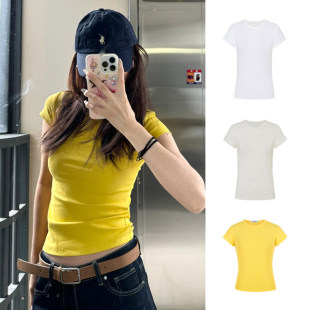 MosesQueen魔西女王多巴胺黄色正肩短袖 显瘦百搭圆领上衣 t恤修身