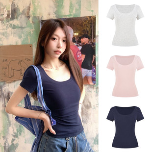 MosesQueen魔西女王大U领正肩短袖t恤女夏季修身显瘦百搭短款上衣