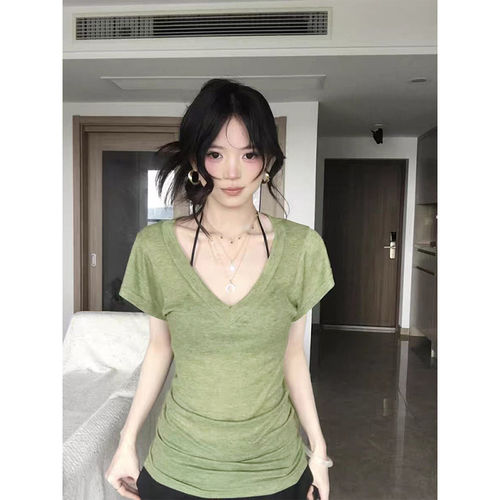 微透薄款蝙蝠袖v领正肩短袖t恤女