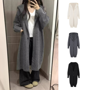 MosesQueen魔西女王灰色长款 女外搭毛衣宽松大衣外套 连帽针织开衫