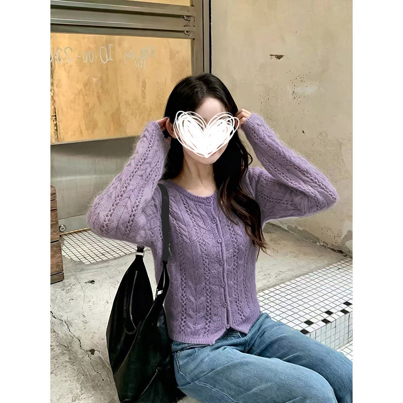 MosesQueen魔西女王紫色镂空针织开衫麻花毛衣外套设计感长袖上衣