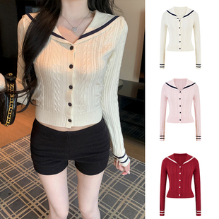 短款 显瘦长袖 毛衣外套上衣 修身 MosesQueen魔西女王海军领针织开衫