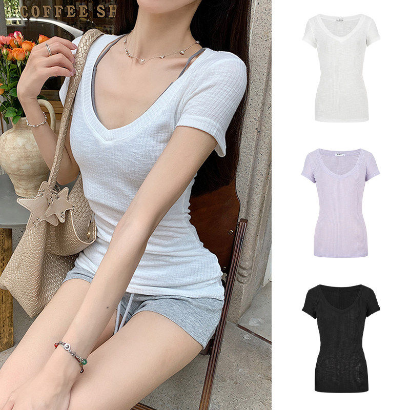 MosesQueen魔西女王微透v领正肩短袖t恤夏季薄款修身显瘦防晒上衣