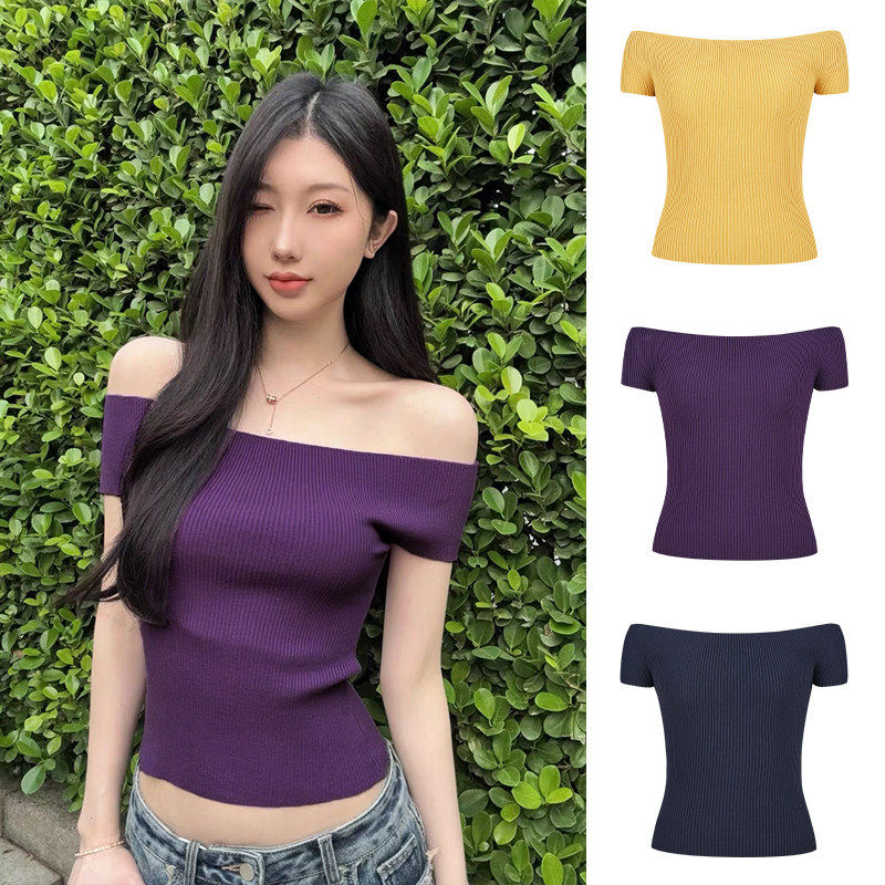 MosesQueen魔西女王紫色一字肩针织短袖t恤夏季辣妹露肩短