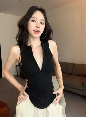 MosesQueen魔西女王黑色半拉链吊带背心外穿收腰显瘦内搭无袖上衣