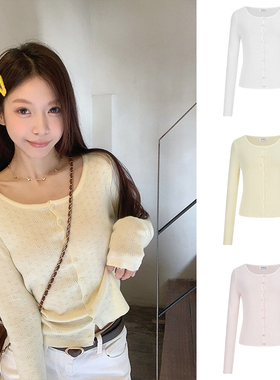 MosesQueen魔西女王黄色纯棉缕空针织开衫女外搭薄款长袖外套上衣