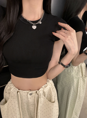 MosesQueen魔西女王黑色正肩短袖t恤女夏季辣妹紧身露脐短款上衣