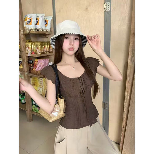 荷叶边短袖衬衫小飞袖u领上衣女