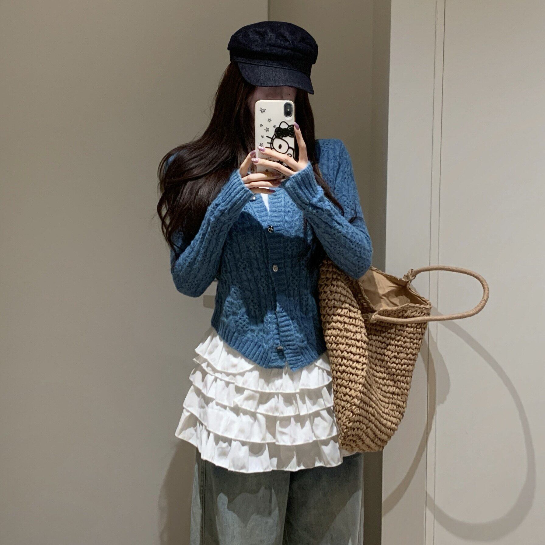 MosesQueen魔西女王蓝色镂空针织开衫女外搭修身短款长袖外套上衣