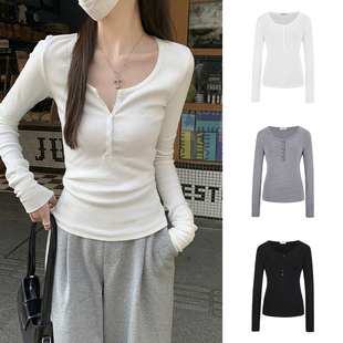 MosesQueen魔西女王白色露锁骨低领长袖 t恤女春秋冬内搭打底上衣