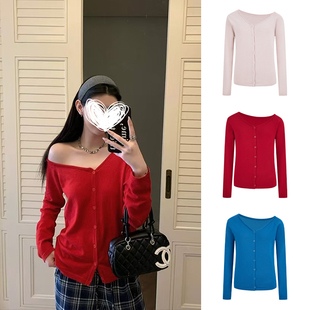 上衣 显瘦别致长袖 MosesQueen魔西女王红色露肩针织开衫 女春秋修身