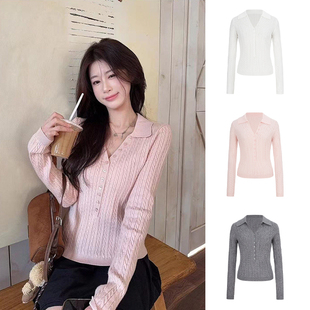 MosesQueen魔西女王粉色polo领针织衫 上衣 v领麻花毛衣内搭打底衫