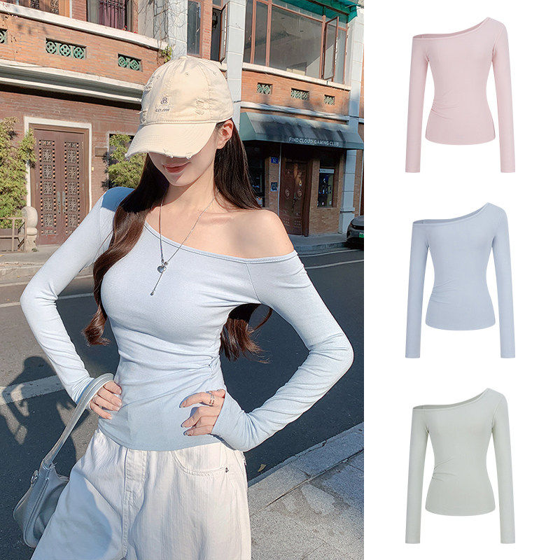 MosesQueen魔西女王纯欲斜肩长袖t恤女修身显瘦内搭打底露肩上衣