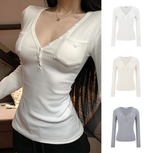 MosesQueen魔西女王米白色v领打底衫 t恤上衣 女春秋冬内搭掐腰长袖