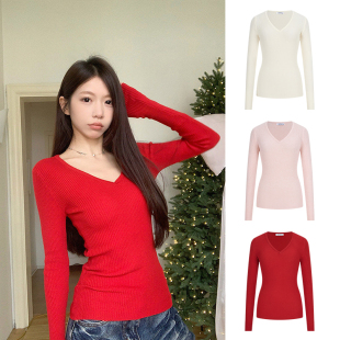 MosesQueen魔西女王新年红色毛衣秋冬内搭打底衫 v领针织上衣 修身
