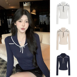 内搭打底上衣 长袖 MosesQueen魔西女王系带海军领针织衫 设计感修身