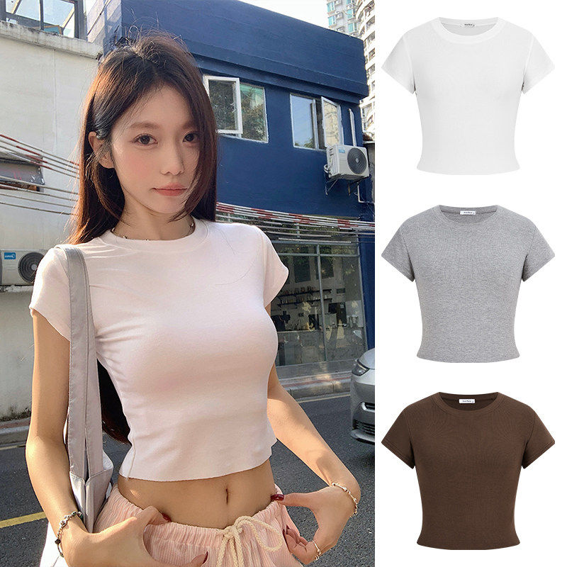 MosesQueen魔西女王粉色短袖t恤夏季修身辣妹露脐短款插肩袖上衣