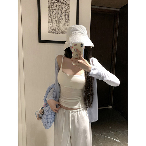 辣妹白色带胸垫美露背吊带背心女