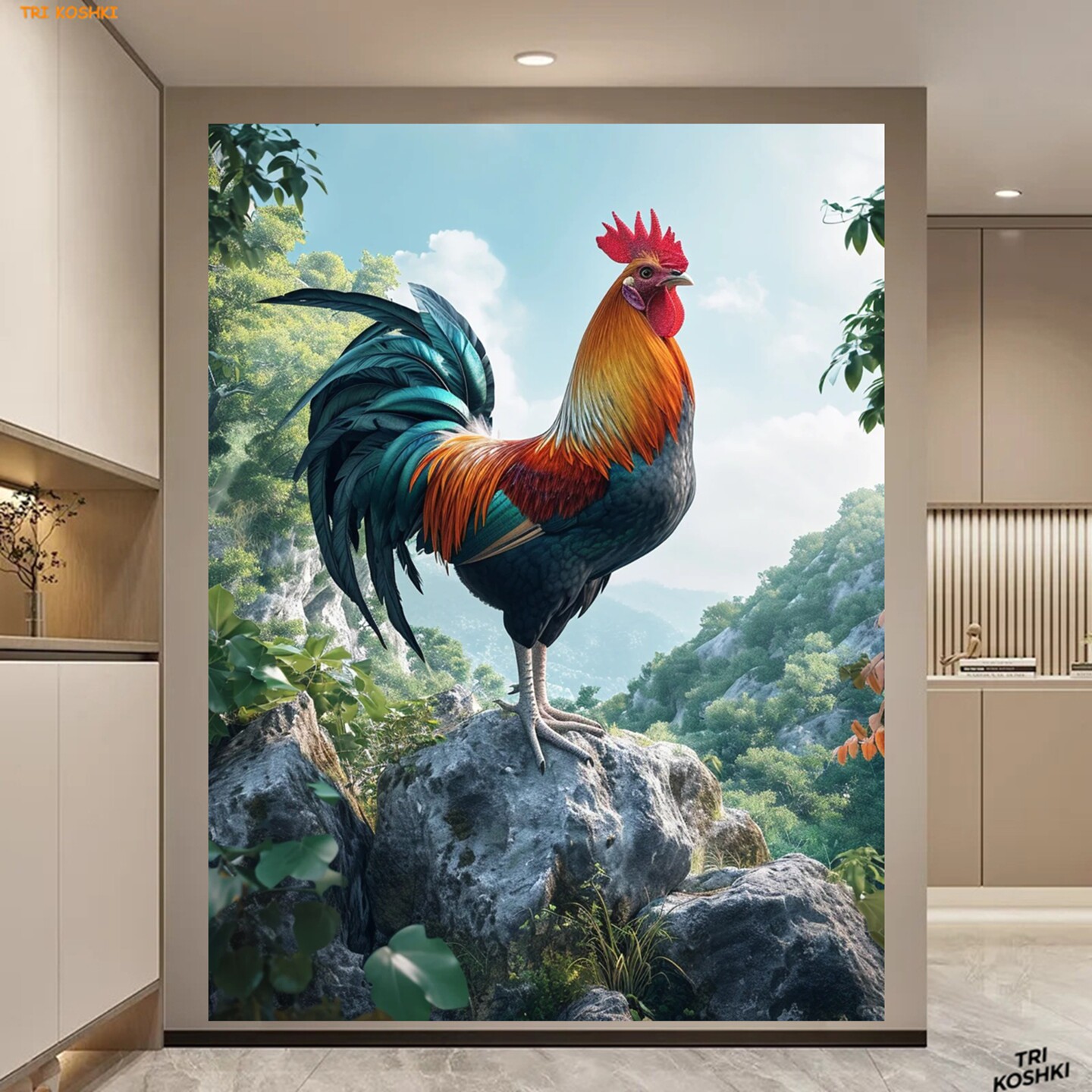 大公鸡图画镇宅雄鸡招财装饰画客厅玄关金鸡报晓贴仿真大公鸡墙贴