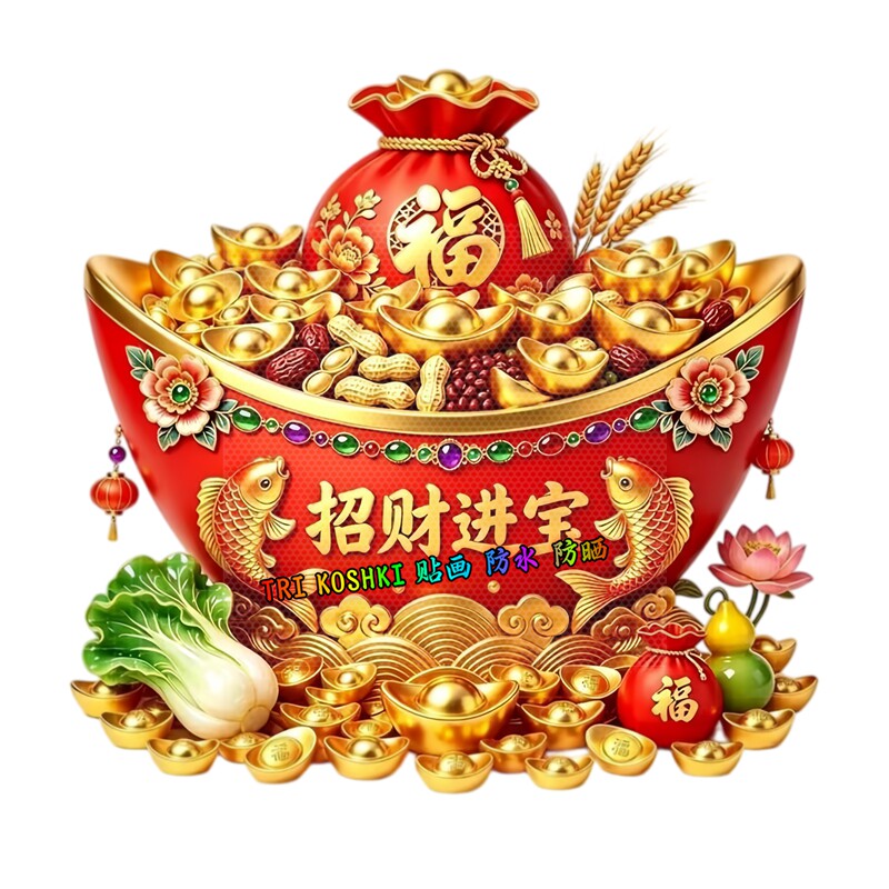 大红聚宝盆招财进宝墙贴金元宝福袋锦鲤白菜花卉五谷吉祥装饰贴纸