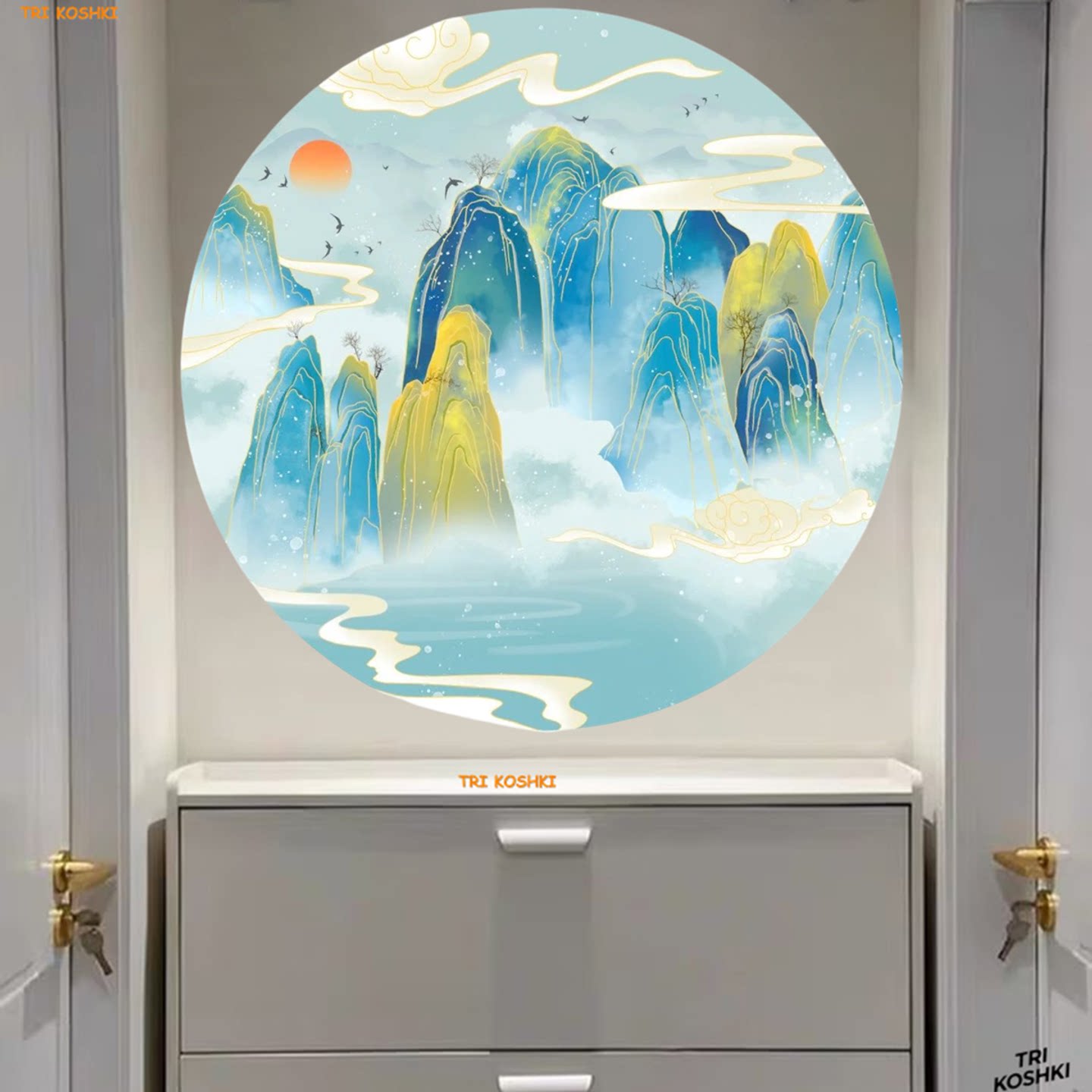 中式高山流水瀑布贴画墙贴