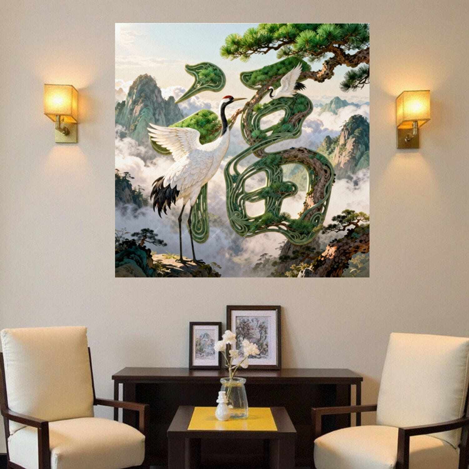 仙鹤送福贴画玄关木门客厅背景墙贴迎客松仙鹤福寿绵绵好寓意墙贴