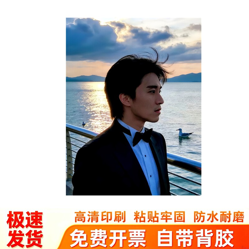 周星驰墙贴黄昏海边礼服黑领结西装海鸥治愈落日防水自粘装饰贴画