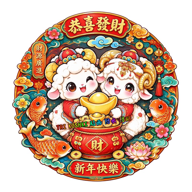 双羊抱福袋锦鲤墙贴福气满满圆形新年贴新春喜庆防水自粘装饰贴纸
