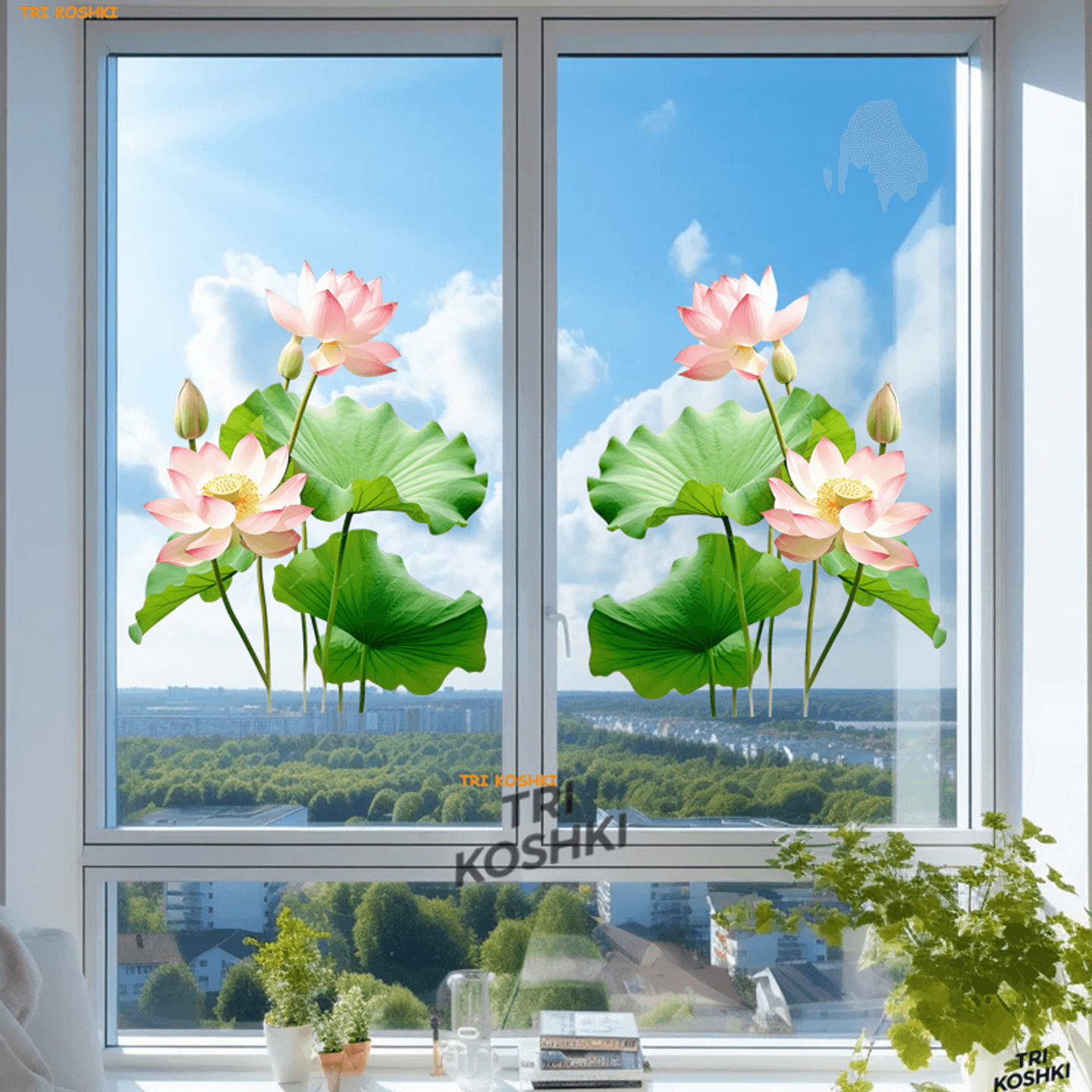 唯美荷花贴纸荷花玻璃贴纸防水防晒窗户装饰贴小清新餐厅客厅贴纸